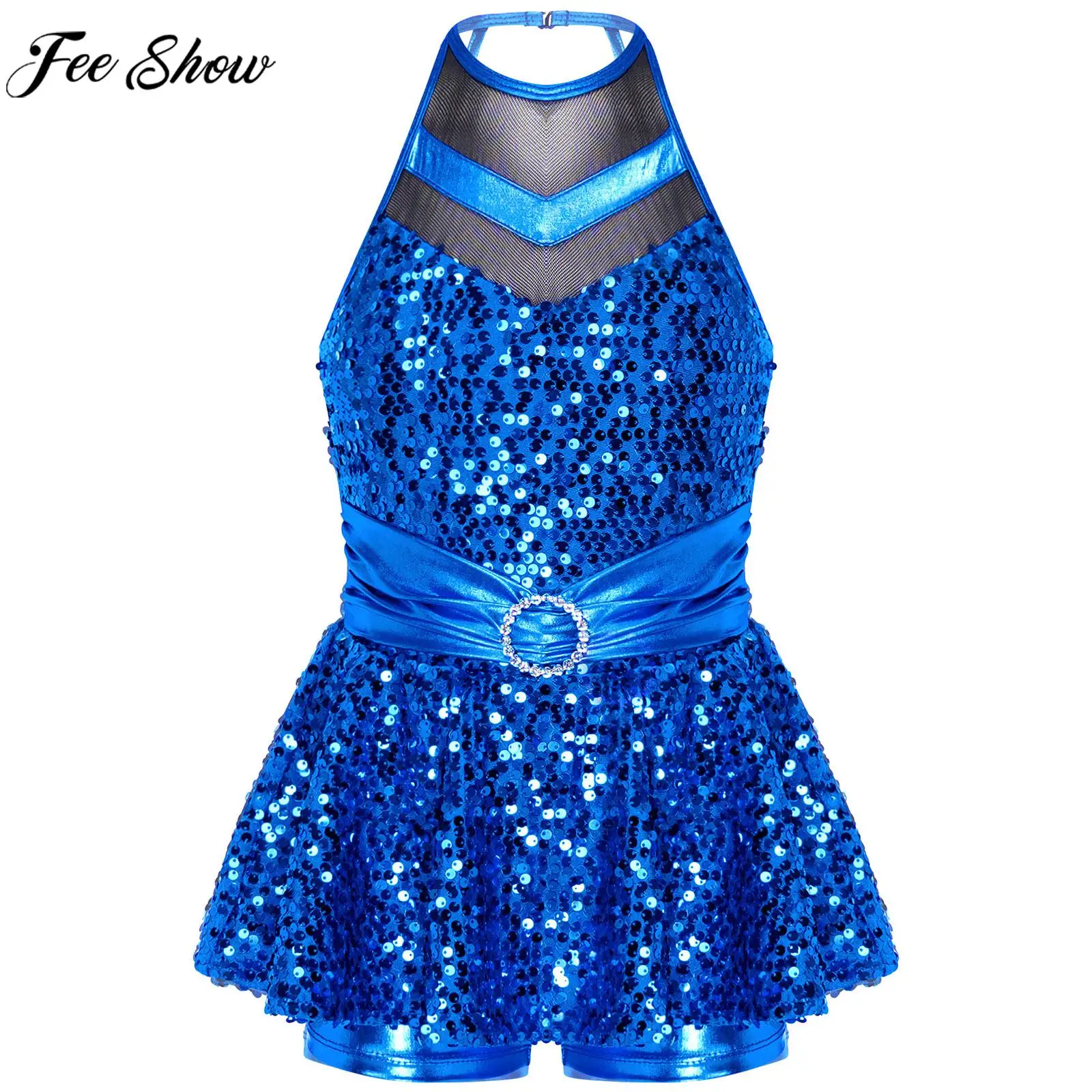 

Girls Shiny Sequin Jazz Dance Boxer Leotard Dresses Sleeveless Backless Shorty Ballet Gymnastics Jumpsuit Tutu for Party Stage