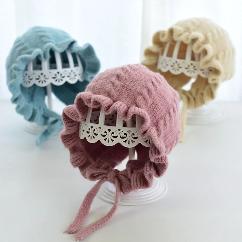 Cute Autumn and Winter Infant Hat Adjustable Warm Knitted Hat Lace Edge Ear Protection Woolen Hat 0-2Years