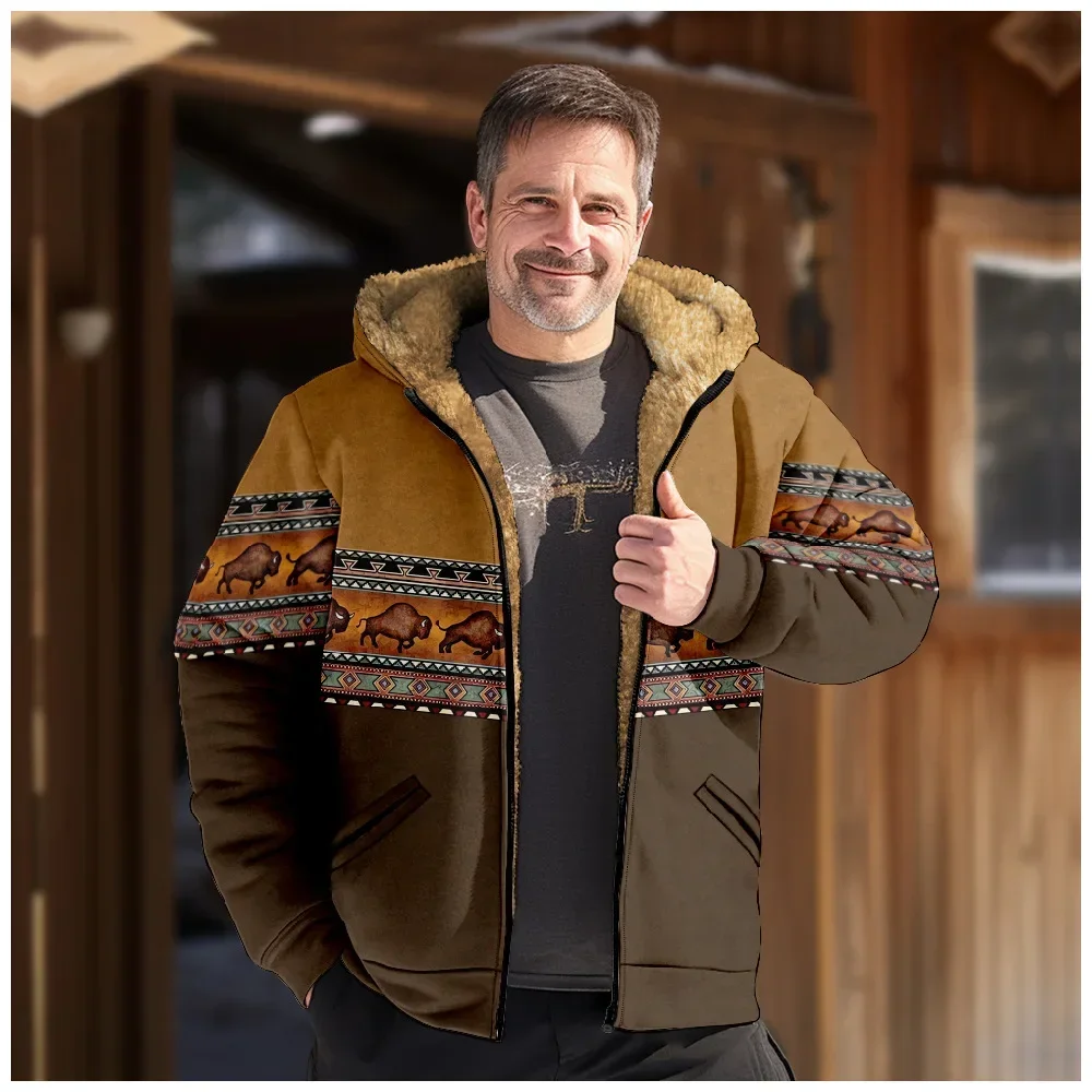 Men Jacket Cardigans Native Aztec Buffalo Coats Festival Printed Thick Outdoor Hunting Fleece Winter Casual Streetwear Clothing