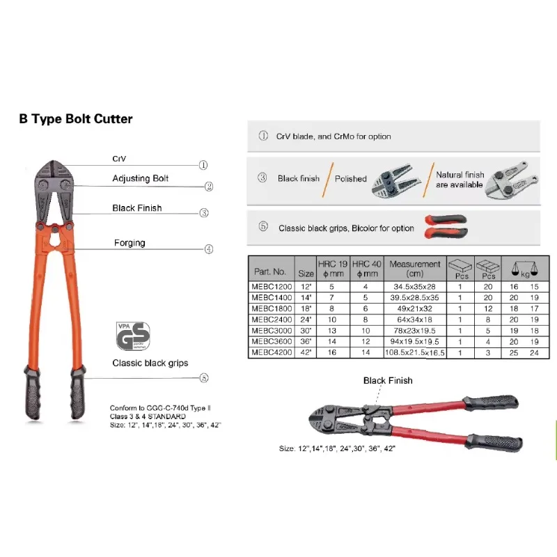 الصناعية الصف B نوع الترباس القاطع 12 "-42" قدرة القطع الثقيلة CrMo CrV شفرة عدم الانزلاق مقبض CE أدوات يدوية معتمدة