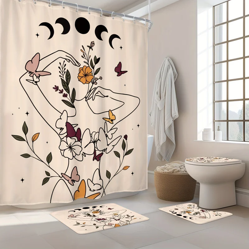 1/4 Pcs - Abstract Woman Shower Curtain Set, Vintage Wildflower Moon Phase Change Minimalist Line Art Aesthetic Waterproof Showe