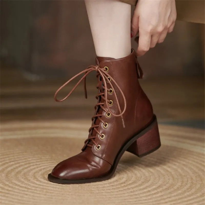 Nouvelles bottes pour femmes en cuir fendu automne/hiver, bout rond, talons épais, bottes courtes, Zapatos Mujer, talons hauts à lacets