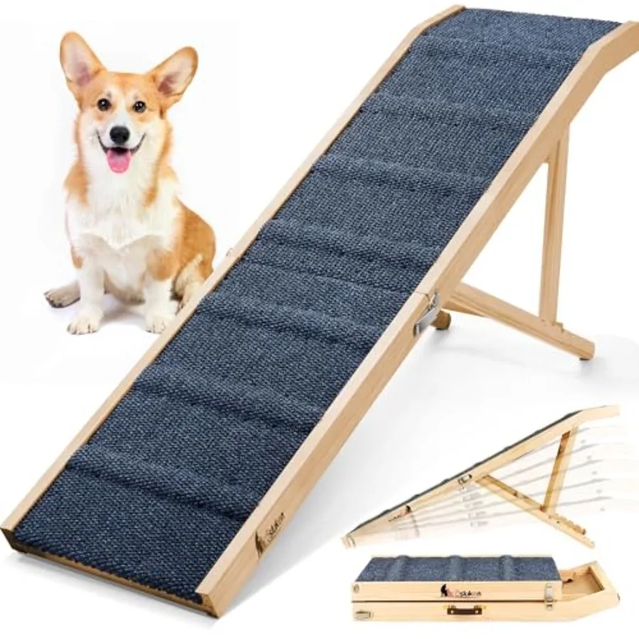 

Dog Ramp for Bed and Car, Wood, Brown, 64 Long Foldable Ramp with High Traction Platform, 6 Adjustable Heights 24-30,Supports u