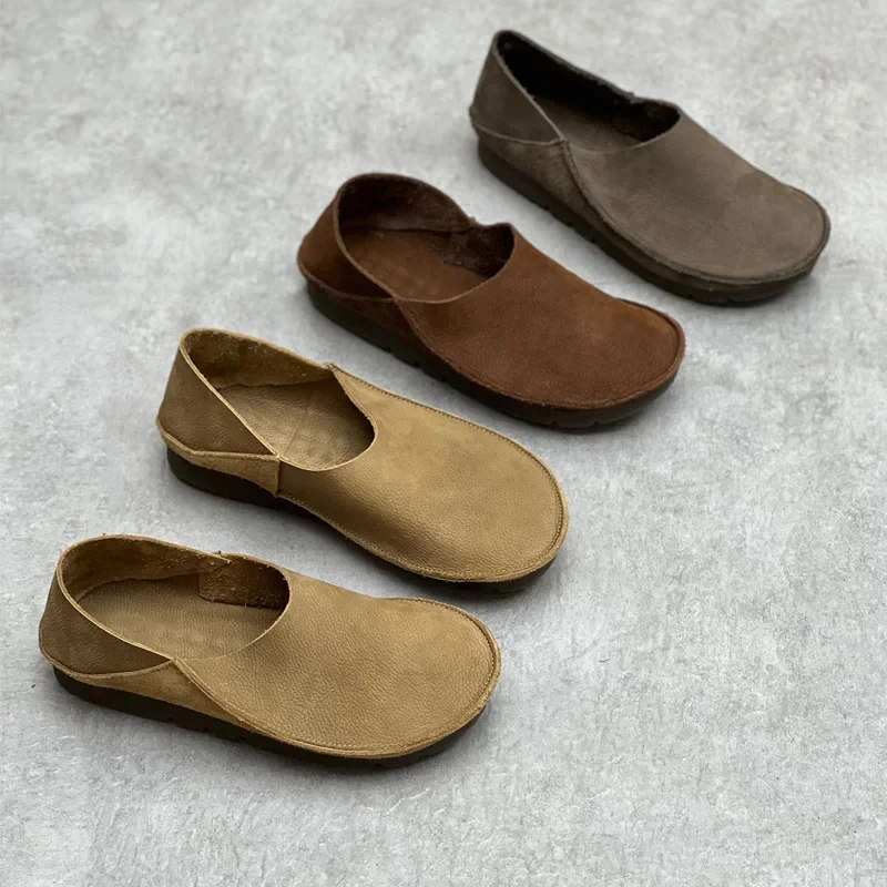 Birkuir Retro Slip On Flats Shoes For Women Genuine Leather Sewing Soft Soles Loafers Luxury Flat Heel Casual Boat Shoes