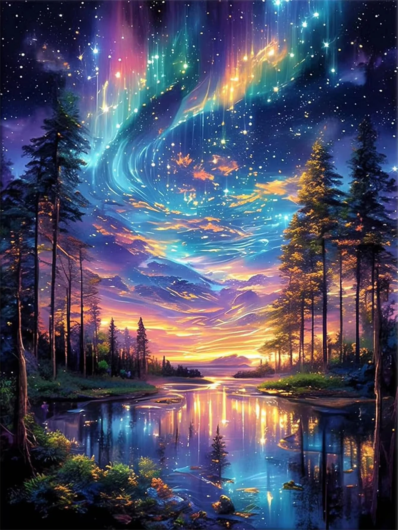 Aurora Boreal Forest Lakeside Diamond Painting, Magical Northern Lights Natural Scenery Home Wall Decor