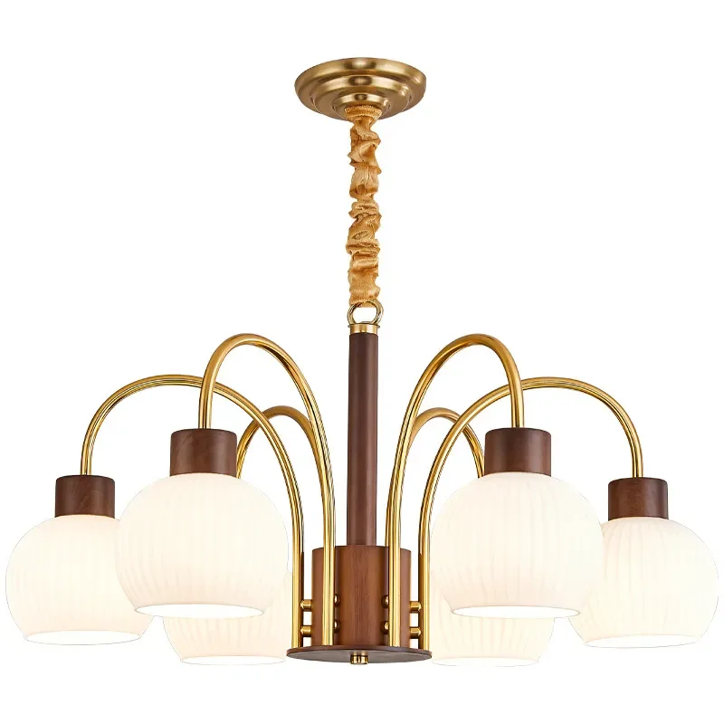 Solid Wood Chandelier American Retro Magic Bean Art Light for Living Room Bedroom Dining Hall Cream Style Main Ceiling Lamp