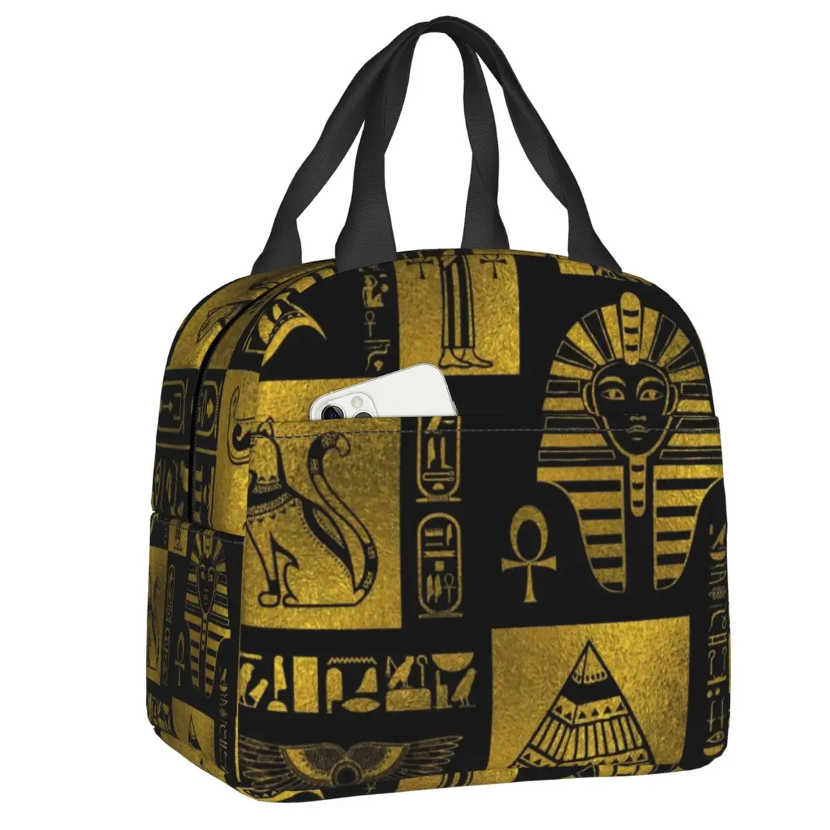 

Custom Egyptian Gold Hieroglyphs And Symbols Thermal Insulated Lunch Bags Women Portable Lunch Container Multifunction Food Box
