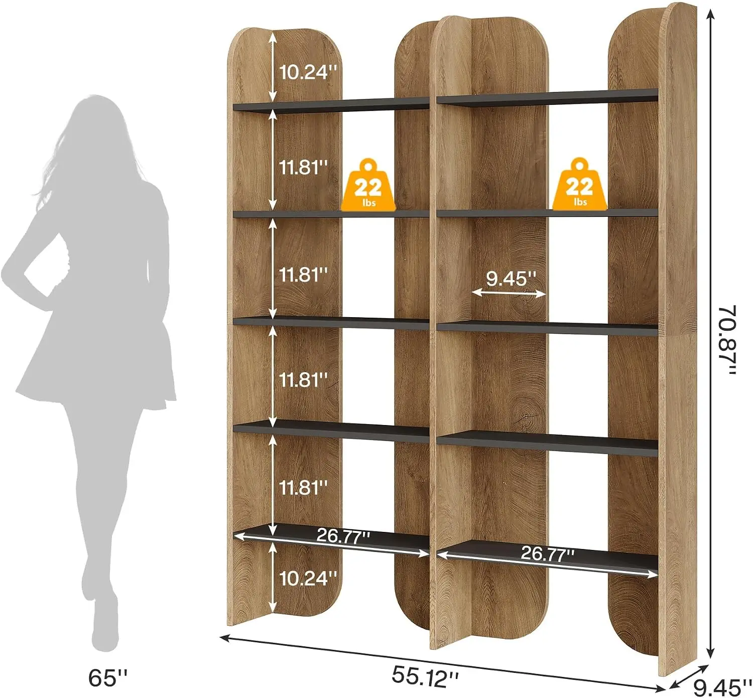5-Tier Farmhouse Bookshelf, 70.87-Inch Tall Double Wide Bookcase with Open Shelves, Vintage Floor Standing Book Shelf,Customized