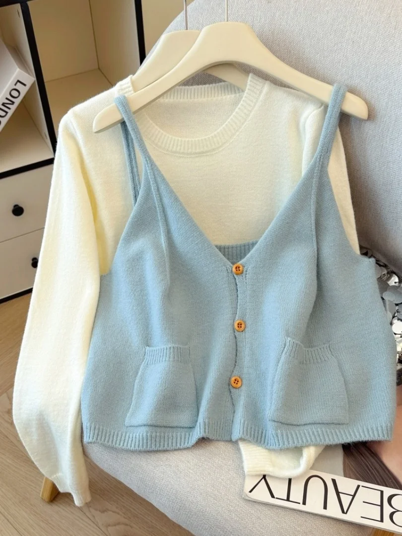 V-Ne Svel سترة علوية نسائية طويلة محبوكة مكونة من قطعتين مجموعة ذاتية الحفاظ على Sle للتنقل الكورية بقصة ضيقة