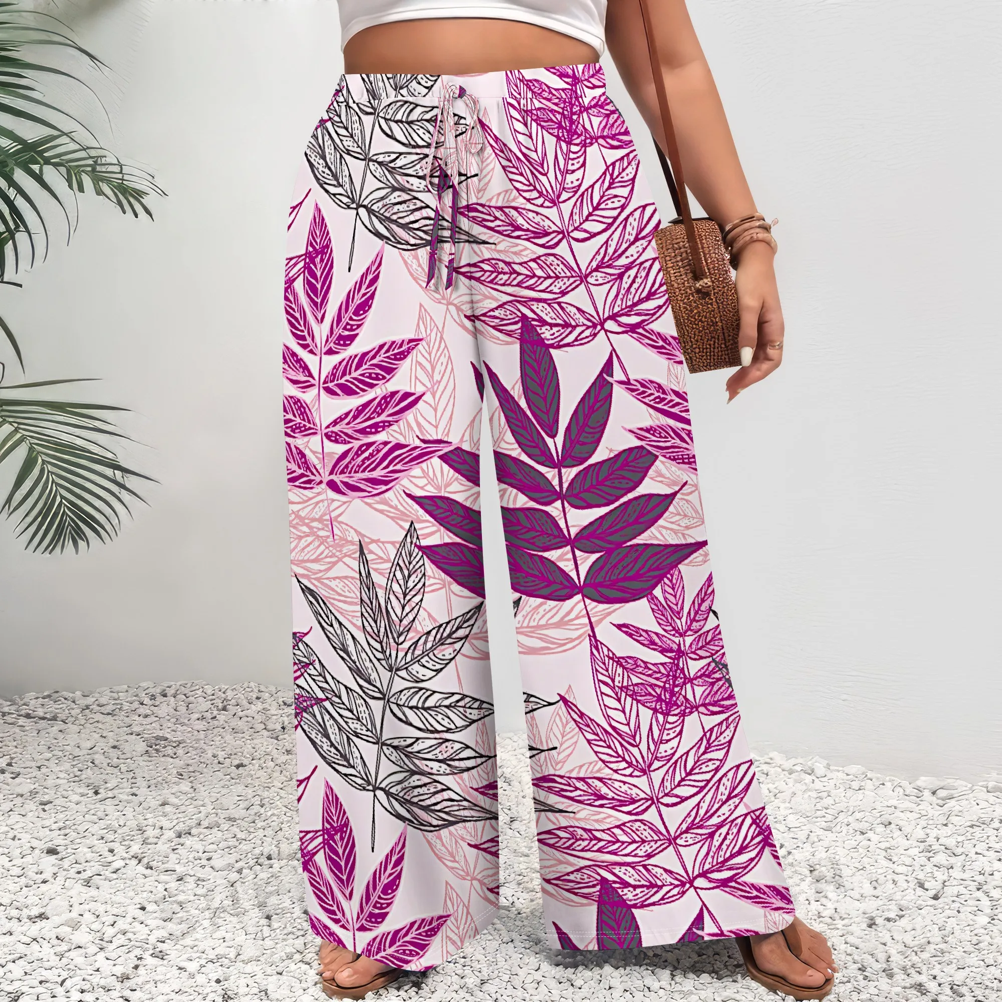 

Plus Size Women's Wide Leg Pants Purple Leaf Print High Waist Loose Fit Elastic Casual Summer Beach Trousers
