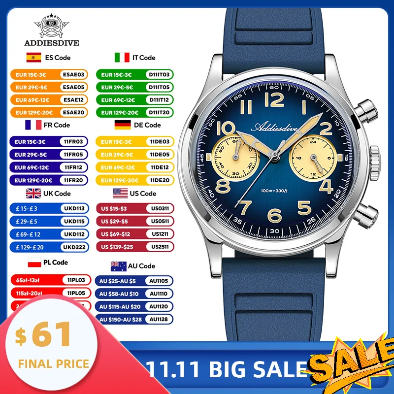 

ADDIESDIVE AD2516 Military Quartz Watch Men VK64 Movement Chronograph Waterproof 100M Retro Bubble Crystal Nylon Strap 38mm