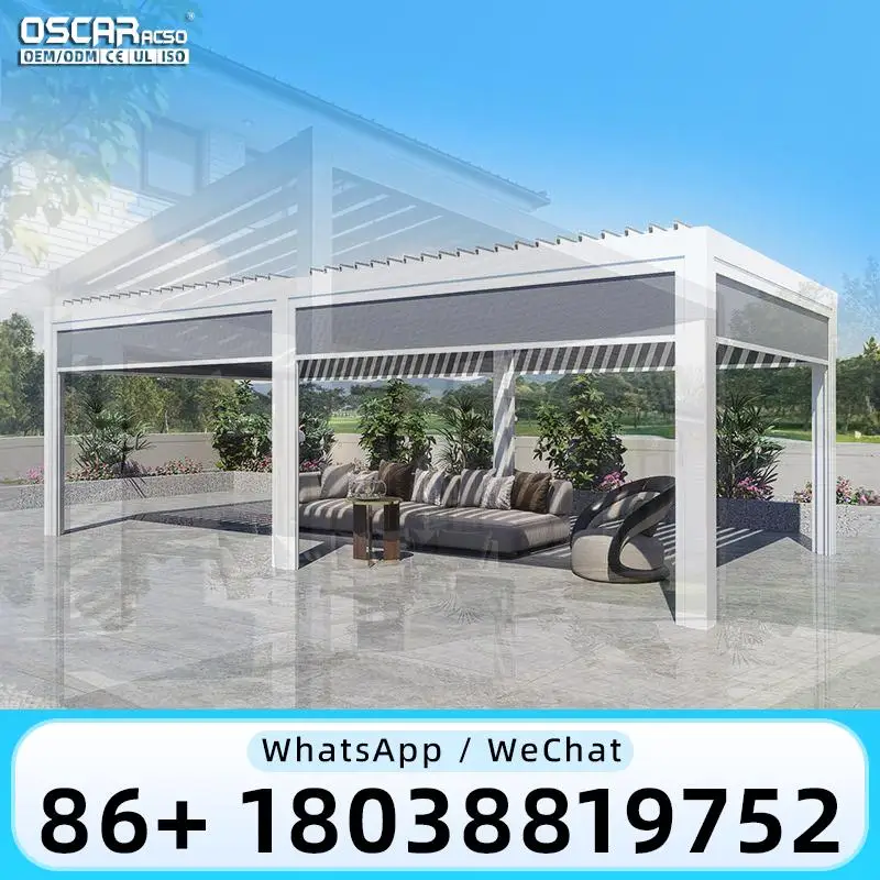 Aluminum Louver Pergola Electric Retractable Roof Patio Gazebo Waterproof Remote Control System Powder Coated for Balcony pergol
