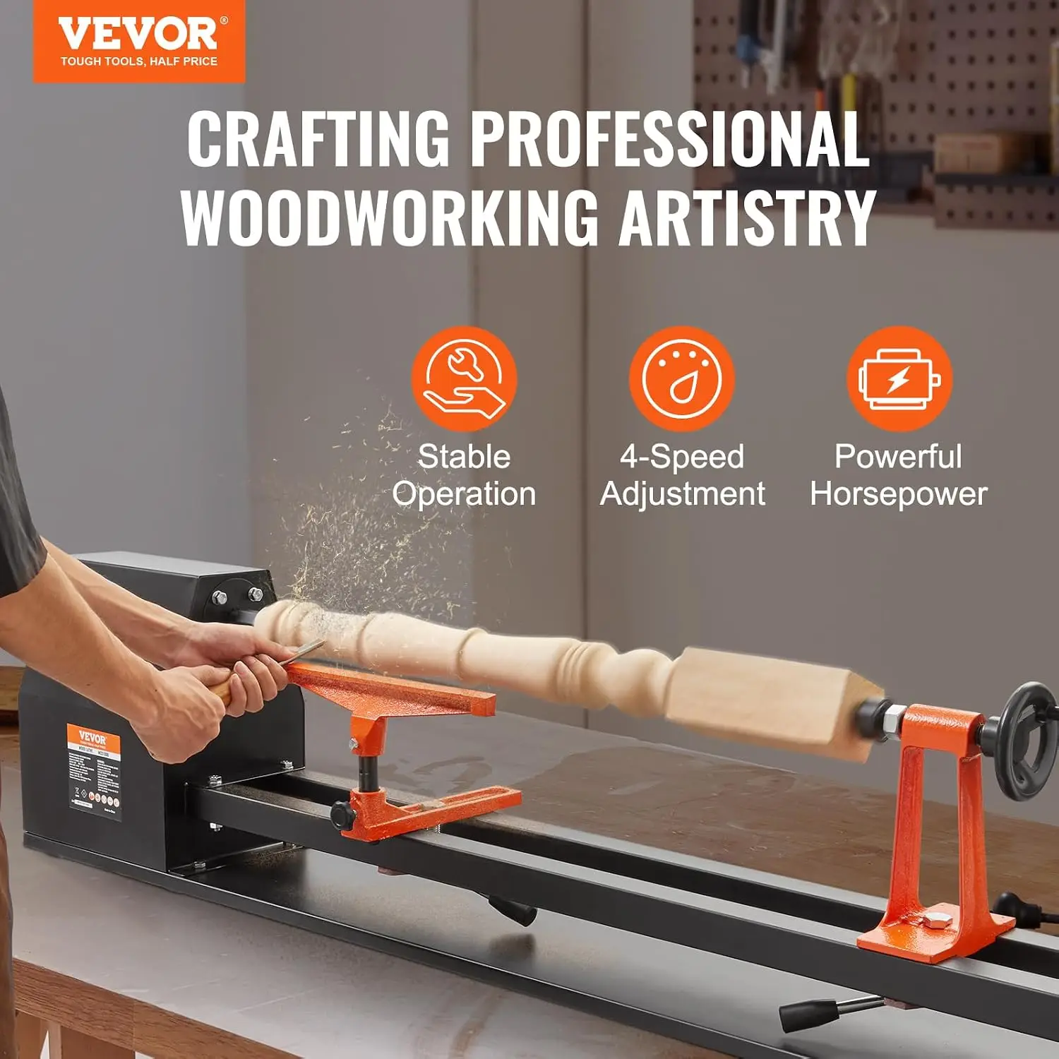 Wood Lathe, 14 in x 40 in, 4 Speed Adjustable 885/1245/1715/2425 RPM 0.5 HP 370W Power Wood Turning Lathe Machine with Chisels F