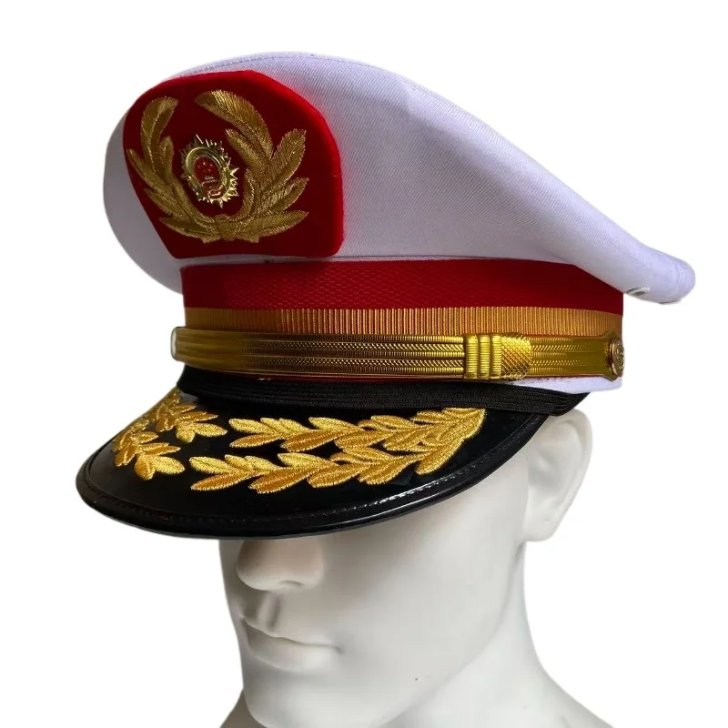 Professional Ceremonial Honor Guard Hat White Band Leader Cap Gold Embroidered General Hat for Stage Performance Wedding