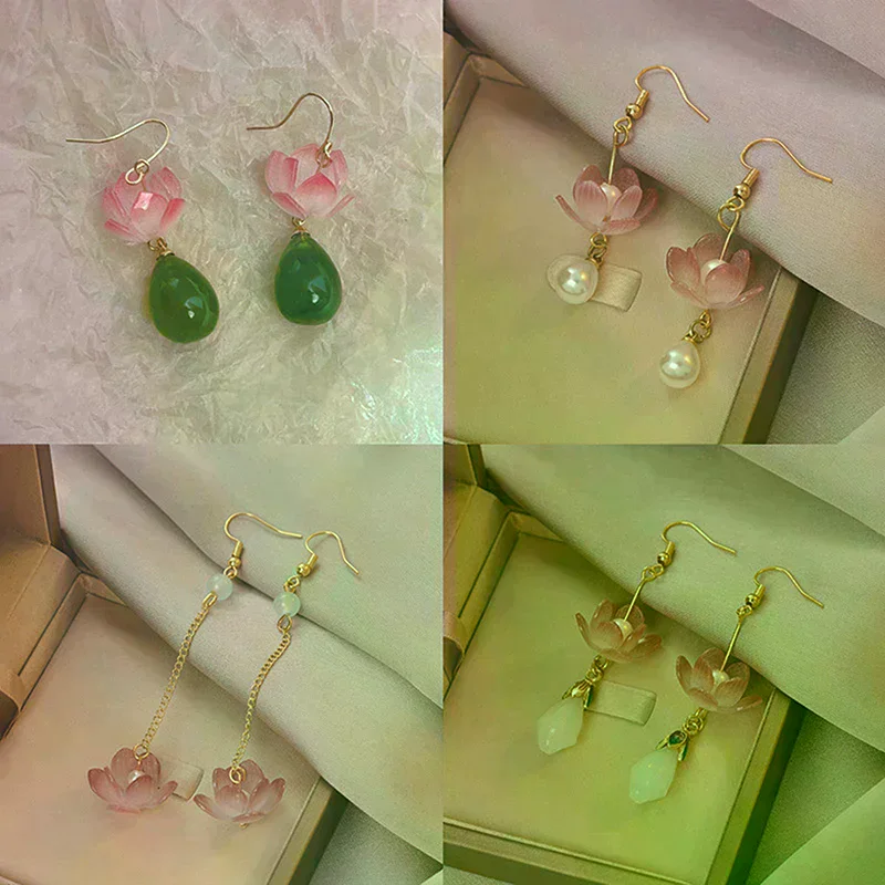 1Pair Unique Exquisite Lotus Earrings Elegant Pink Flower Asymmetric Drop Stud Earrings For Women VintageJewelry Accessories