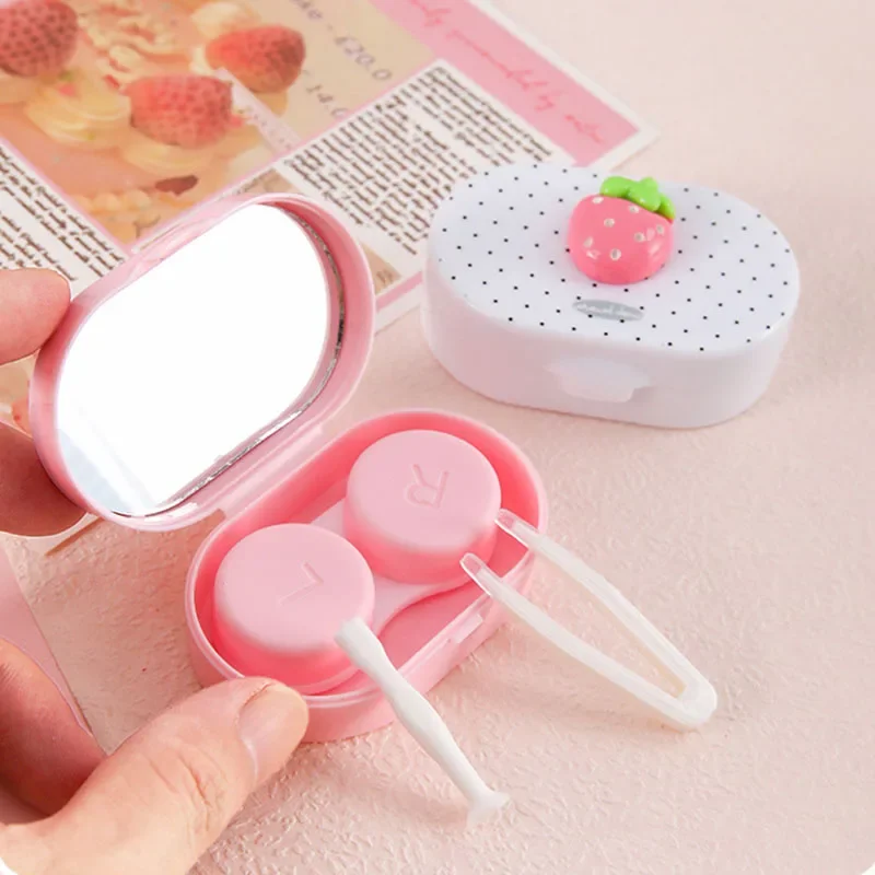 Kawaii Strawberry Contact Lens Holder Mini Travel Polka Dot Lens Case One Piece No Screw Cap Colored Lenses Storage Box