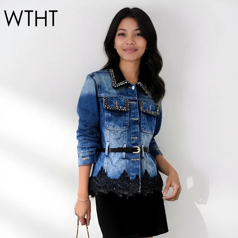 

WTHT Trendy Women's Diamonds Design Lace Edge Denim Jacket 2025 Winter Fashion Lapel Long Sleeves Belt Coat Female 1LS2751