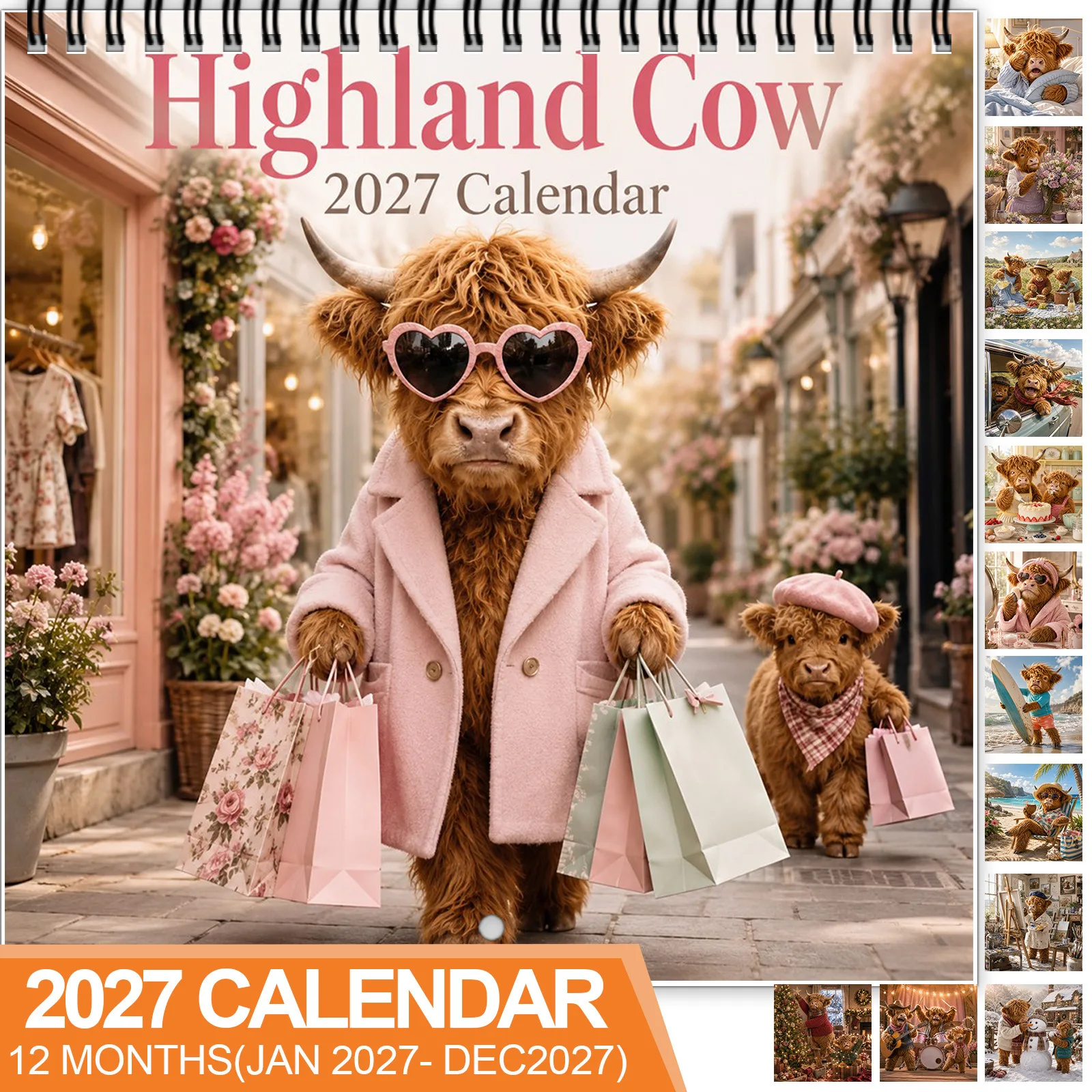 2027 Wall Calendar 12 Months Highland Cow Cute Fluffy Cow Art Wall Hanging Calendar Gift for Animal Lovers