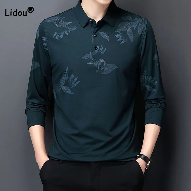 

Male Clothes Comfortable Casual Polo-Neck Shirt 2023 Spring Autumn Business Office Men's Fashion Long Sleeve Printed T-shirt