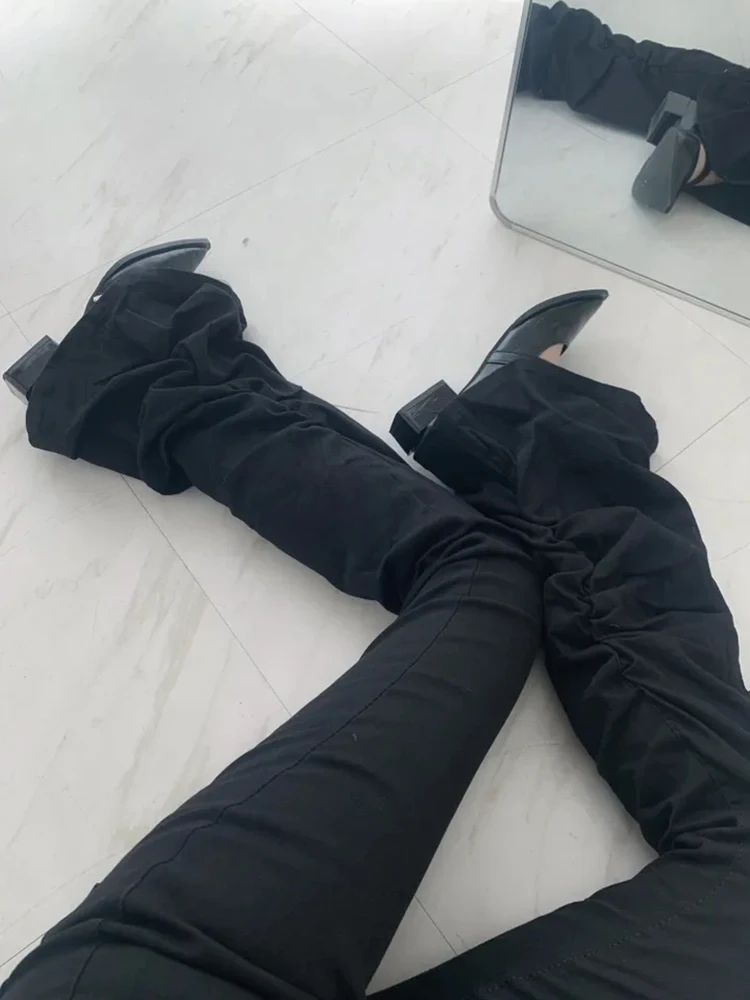 REDDACHiC الجرونج النساء Shirred Bootcut الدنيم السراويل عادي أسود عالية الخصر تمتد ضيق مضيئة الجينز الرجعية Y2k كوريا جرس قيعان