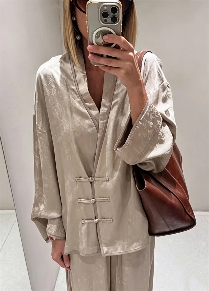 Guobioziy Women's Suit 2026 Early Fall New Style Fashionable V-Neck Jacquard Double-Breasted Blazer with Loose Wide-Leg Pants
