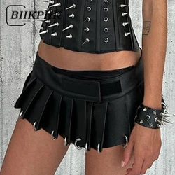 BIIKPIIK Sexy nero un pezzo gonne in pelle anelli gotici pieghe gonna donna Street Style fondo a vita bassa abbigliamento moda caldo