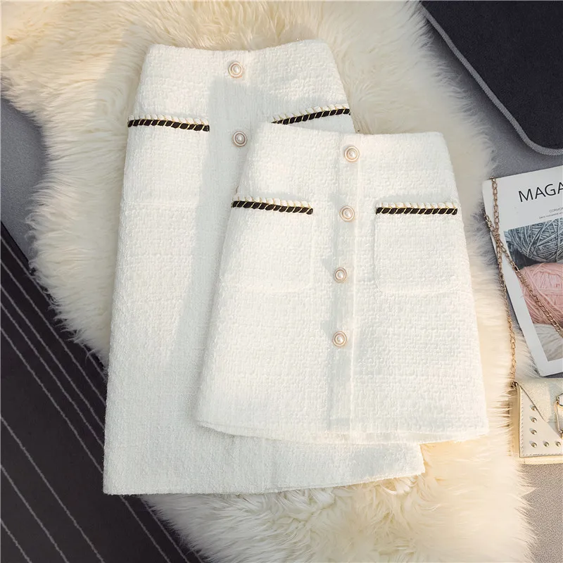 

Women's Mid-Length/Short White Black Tweed High-Waist Woolen A-Line Autumn Winter Fragrant Silk Skirt