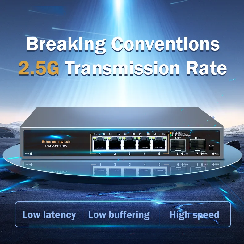 

Сетевой коммутатор Hisource 2.5G None-POE, 5-портовый Ethernet-коммутатор с 2*10G SFP+ для IP-камеры/NVR