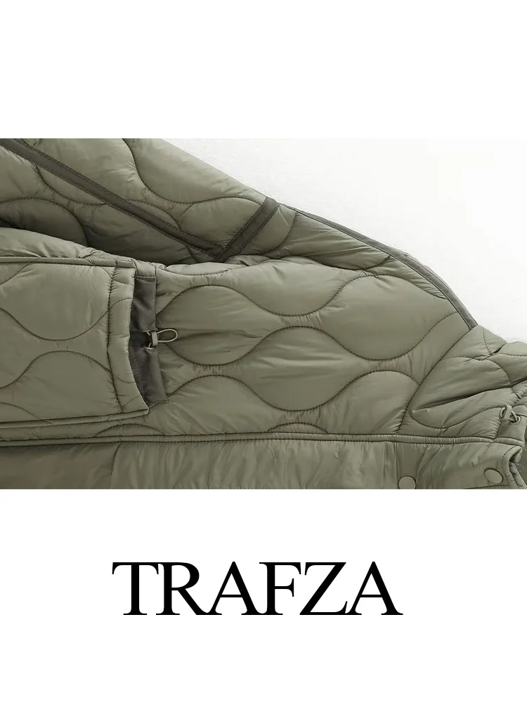 TRAFZA Fashion Women Oversized Quilted Jacket Winter Standing Collar Long Sleeve Front Zipper With Buttons Vintage Warm Coat