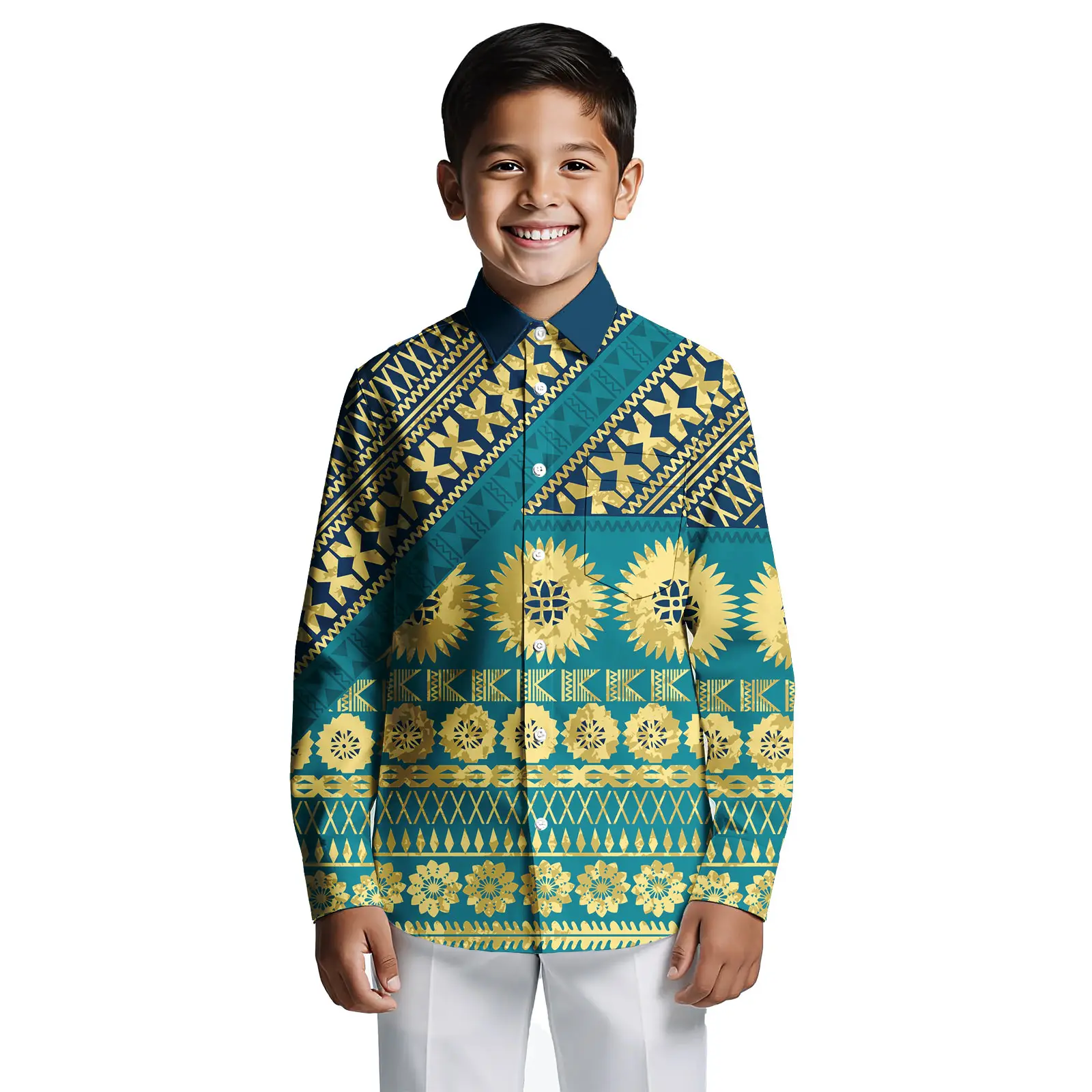 Printed Kids Hawaiian Shirts for Sale at Factory Price Hawaiian Style Polyester Long Sleeve Kids Printed Shirts