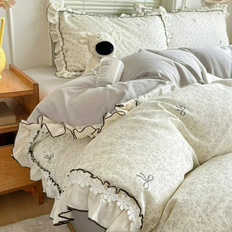 Bedroom Full Cotton A-class 4-piece with Pure Cotton Bedsheet, Small Fresh and Active Printed Duvet Cover Pillowcase Bedding