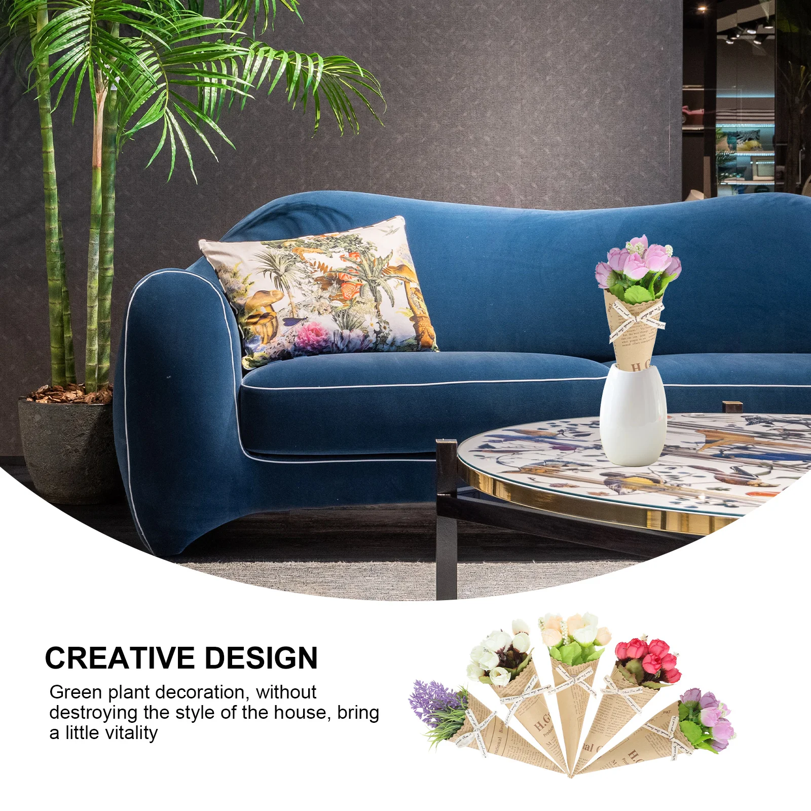 

5pcs Simulated Flower Ornaments Lifelike Artificial Bouquets Home Decorations Dining Table Wedding Layout Kraft Paper Wrapped