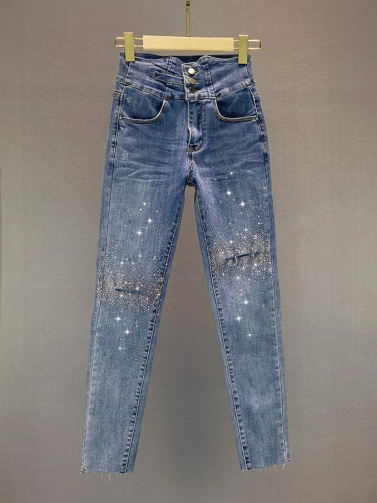 

High Waist Slim Fit Denim Jeans Women's Trendy Fake Ripped Cotton Elastic Spring Summer New Sle Tight Leggings