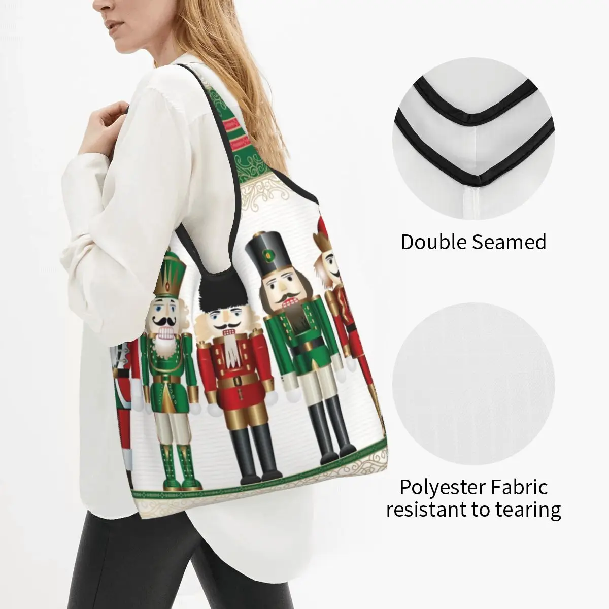 Funny Merry Christmas Nutcrackers Shopping Tote Bags Portable Nutcracker Soldier Doll Gift Groceries Shopper Shoulder Bag