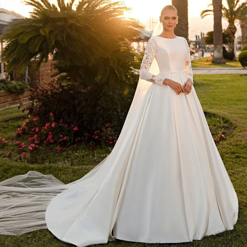 Customized Elegant Muslim Simple A-line Satin Wedding Dresses O-Neck Applique Pleat Bride Dresses Floor Length robe de mariée