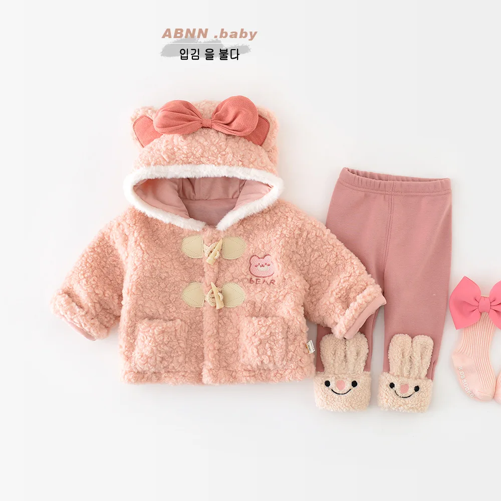 Autumn Winter Baby Girls Jacket Cotton Hooded Hairy Knotbow Thickened Warm Toddler Girls Coat Children Girls Outerwears Outfit