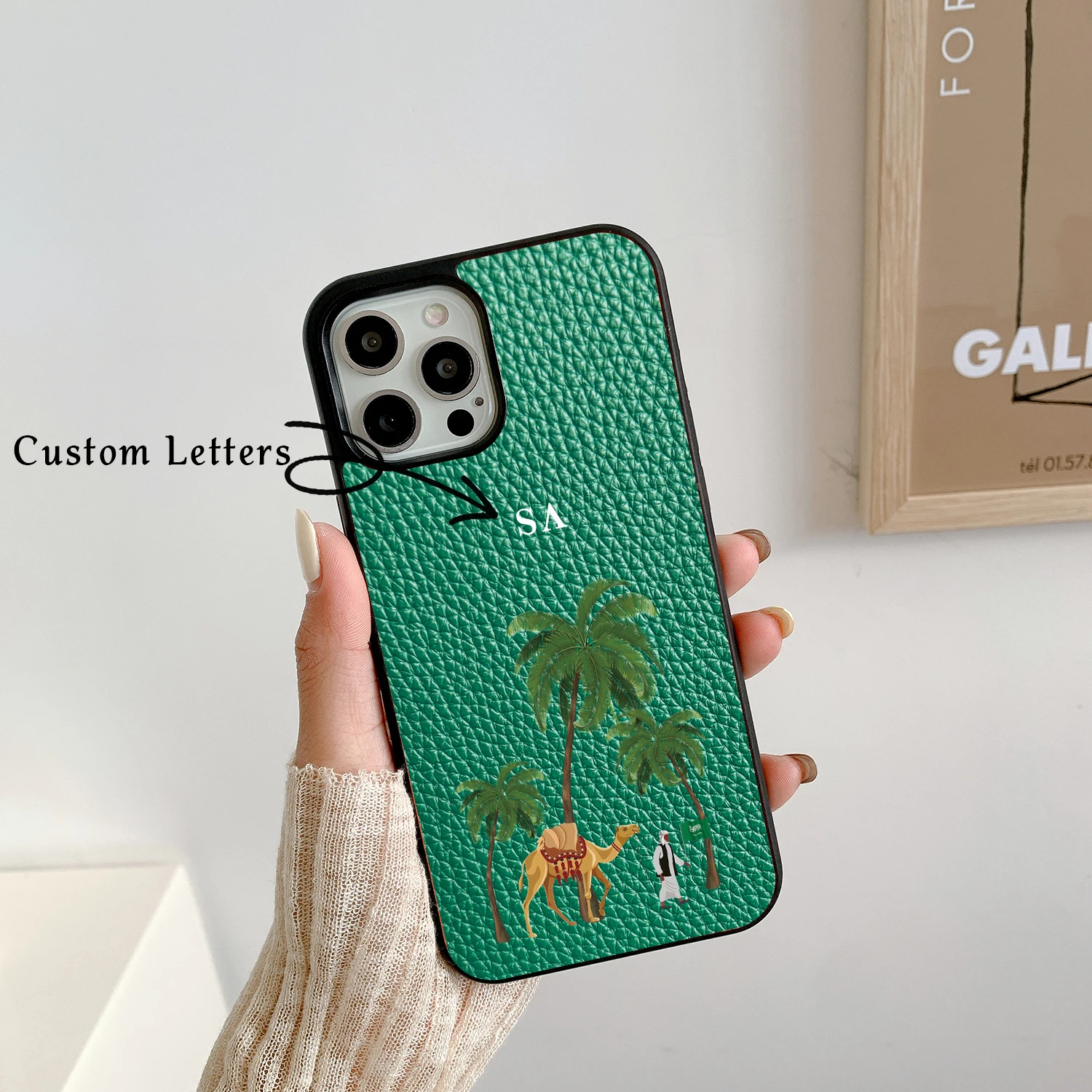 

Custom Letters phone case for iphone 16 15 14 plus 13 12 11 pro max cover Saudi Arabia Palm trees funda DIY name leather cases