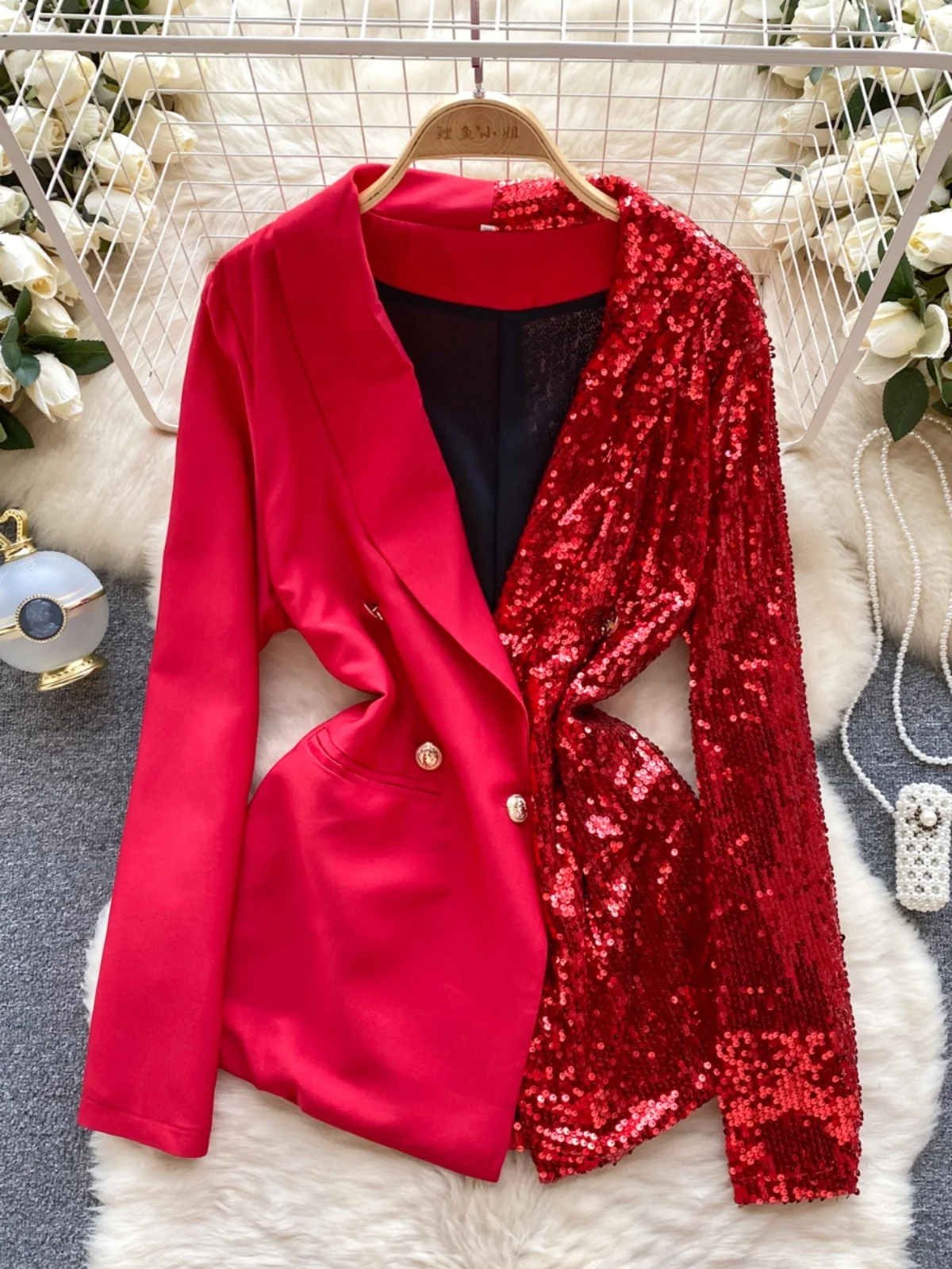 Elegant Sequin Color Block Women's Suit Jacket Fashionable Versatile Workwear Style Button Closure Long Sleeve Loose Fit Oute...