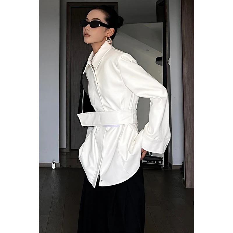 CIZZLEMORE Mid-Length Leather Jaet White Belt Simple Sli Long Sve  Collar Outerwear for Young Women Commute Sle