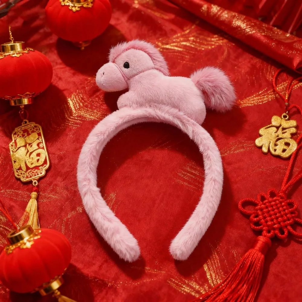 Diadema Creativa de Dibujos Animados para el Año Nuevo, Mascota de Danza del León, Diadema de Pelo de Caballo, Diadema Roja de Buena Suerte con Cabeza de Caballo para Mujer