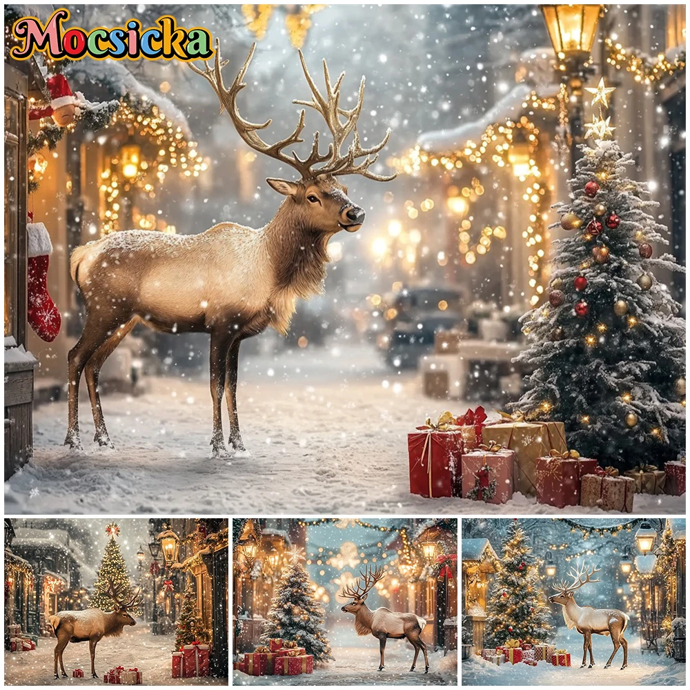 

Mocsicka Christmas Deer Background For Photography Snowflake Red Sock Gifts Tree Backdrop Outdoor House Lights Decoration Banner