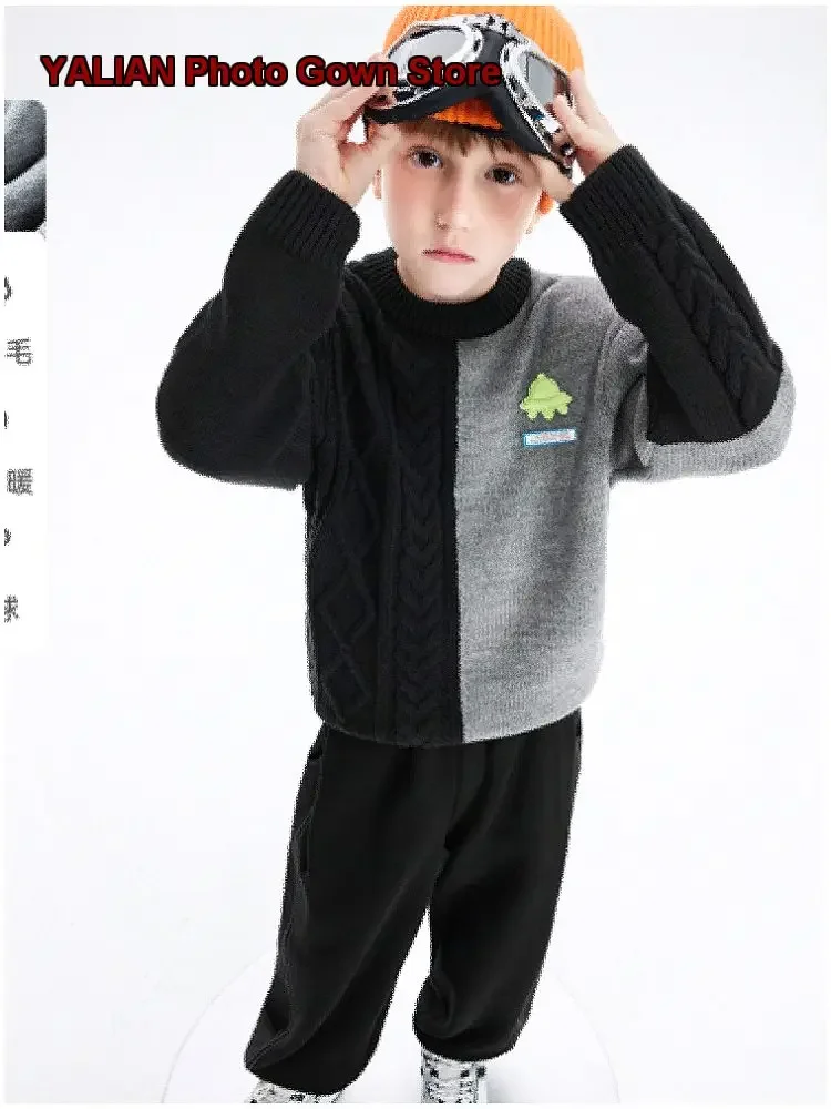 Boys Pullover Sweater Kids Winter Wool Blend Knit Top Solid Color Patchwork Thickened Warm