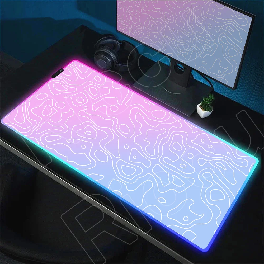 

RGB Topographic Map Gaming Mouse Pad Rug Deskmat Computer Accessories Anti-skid Offices Simple Lines Mousepad Luminous Gamer Mat