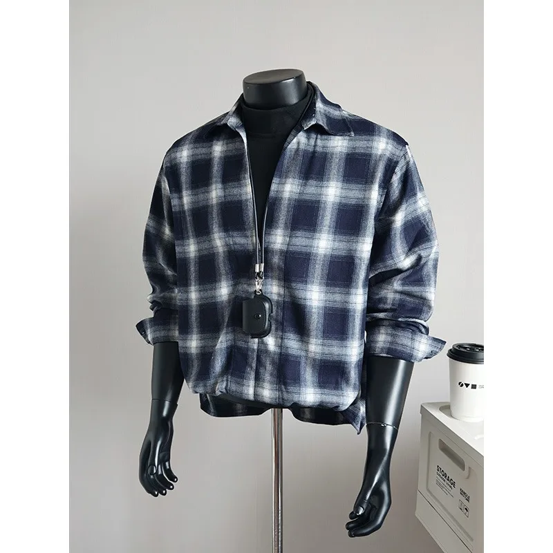 Autumn Cuban Collar Checkered Shirt Men's Lazy Style Long Sleeved Outerwear Shirts Loose Casual Social Pullover Streetwear