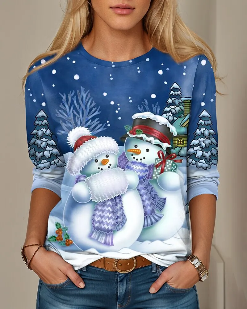 Christmas women's round neck sweatshirt snowman print long sleeve Christmas weekend holiday round neck regular spring and autumn