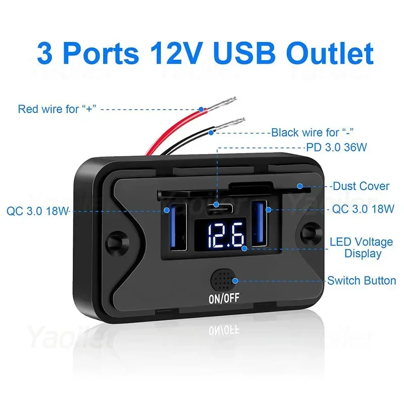 1-4pcs 72W NEW 3-Ports 12V USB Outlet w/ LED Voltmeter Display & Anti-slip Switch USB C Waterproof Wall Mount Panel for Boat RV