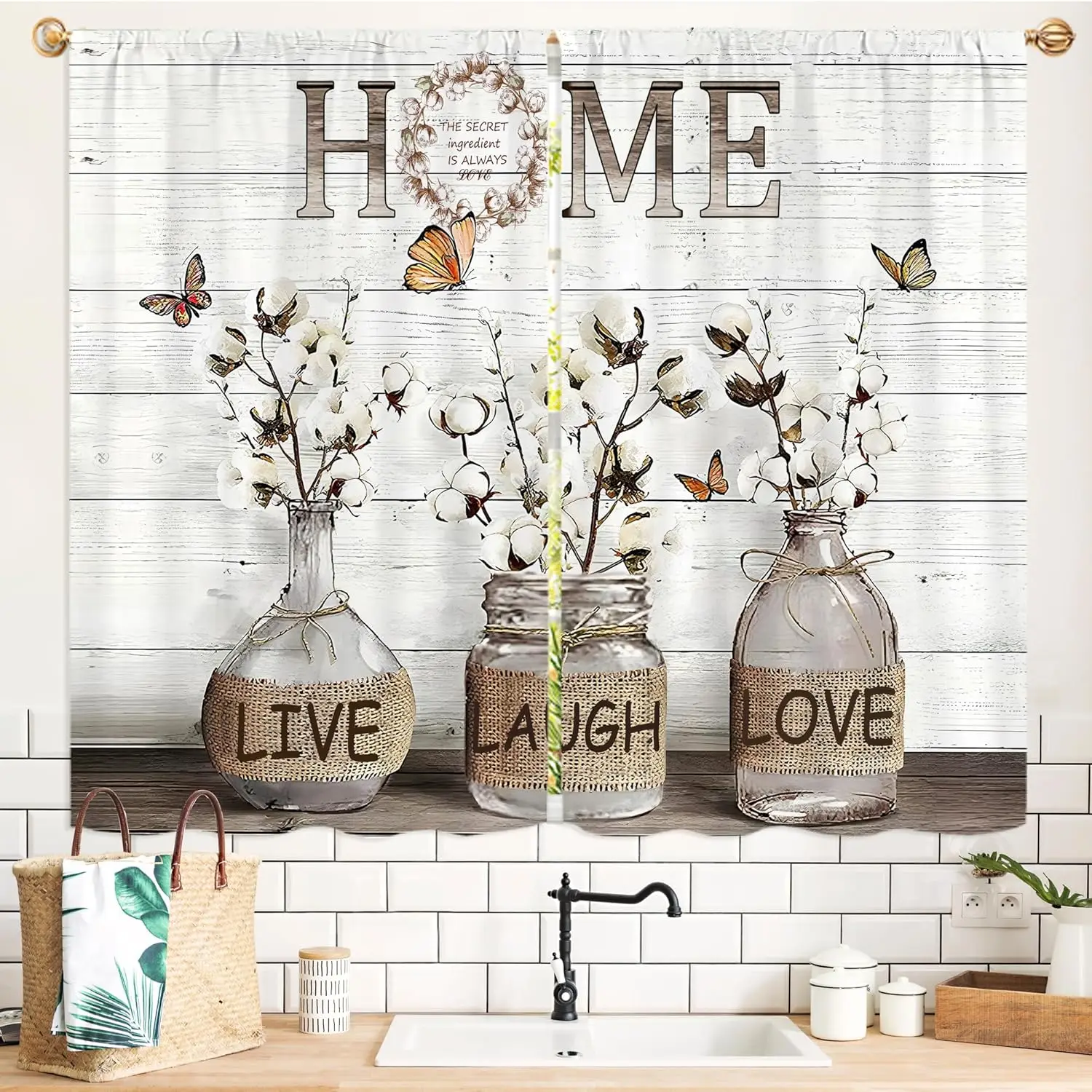 Rustic Farmhouse Boho Curtain Love Laugh Home Floral Decor Wood Grain Inspirational Window Curtain Tapestry Panel