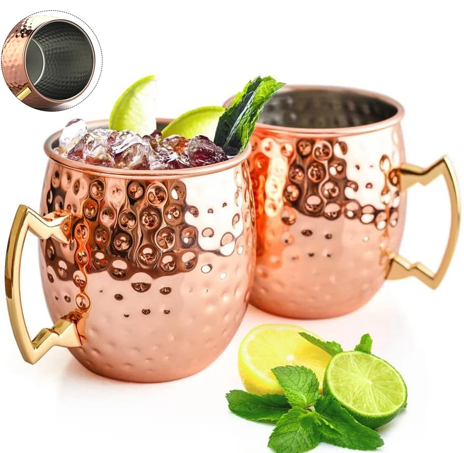 2 sztuki kubków do koktajli „Moscow Mule”, pojemność 530 ml, miedziane, z wzorem imitującym młotkowanie – idealne do serwowania gorącego wina, koktajli, wina, piwa i zimnych napojów.