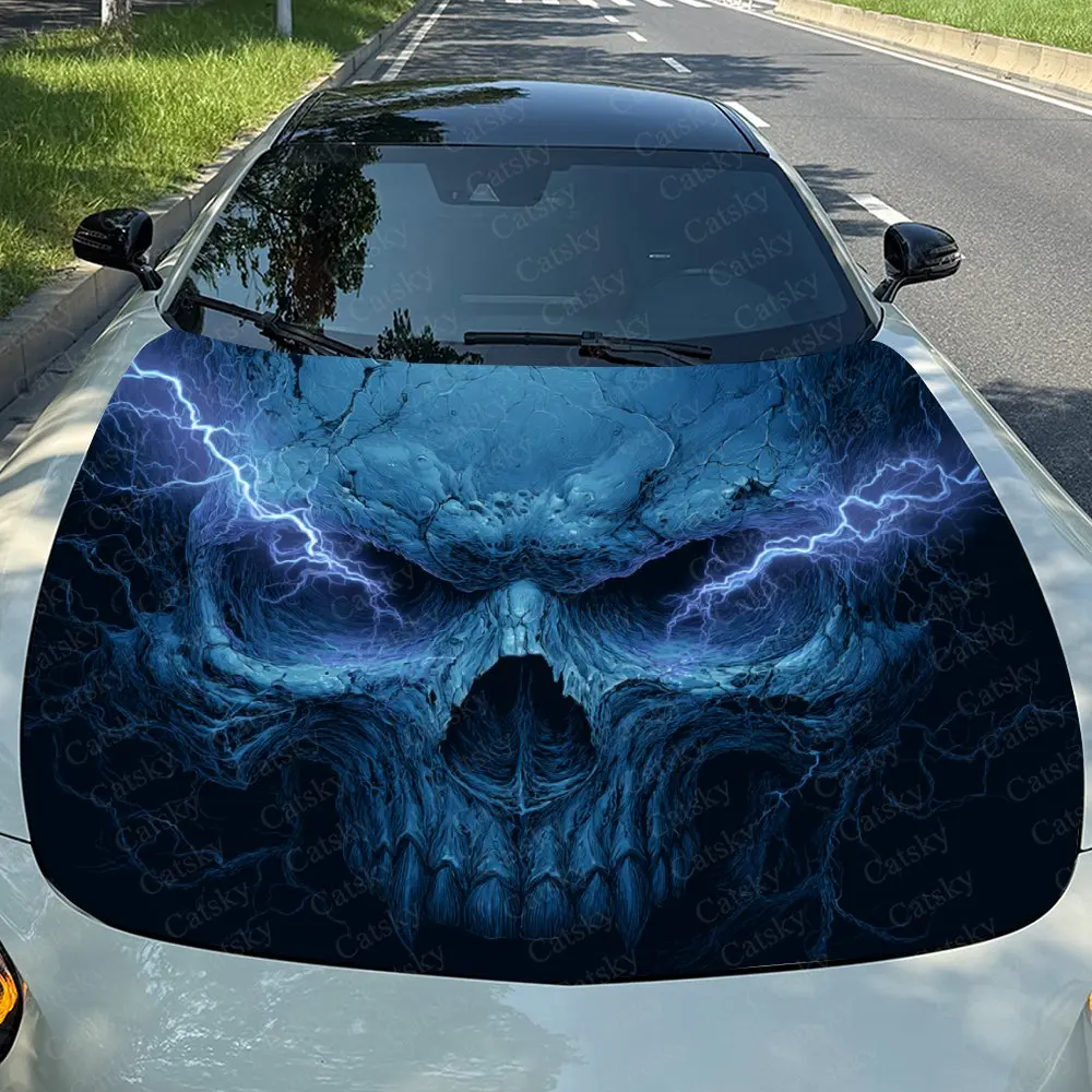 Blue Lightning Skull Car Hood Sticker, Premium Vinyl Sticker For Automotive Exterior Customization, Durable PVC Vinyl Wrap