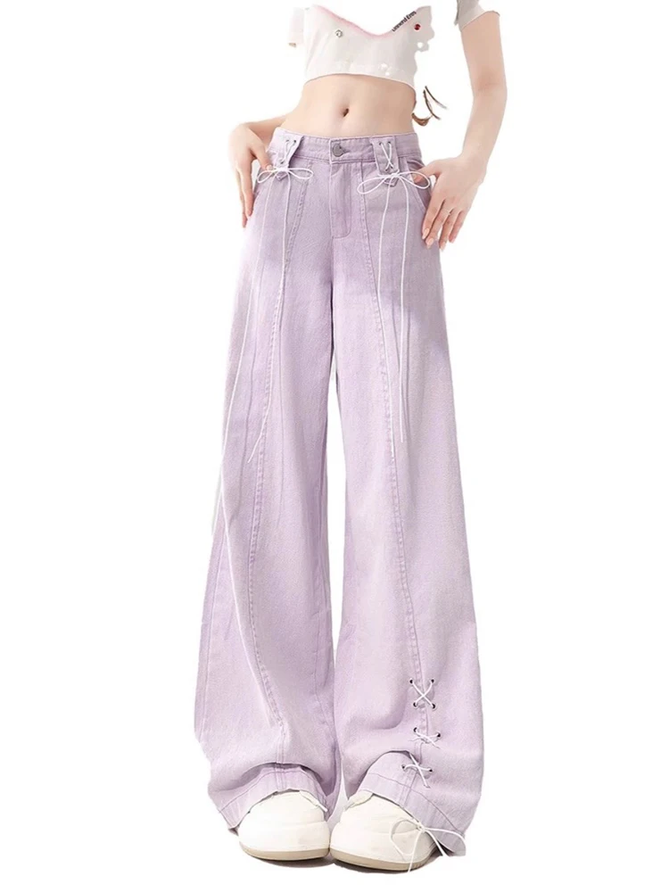 Zomer Nieuwe Eenvoudige Vrouwen Jeans Losse Hoge Taille Effen Kleur Vrouw Jeans Paarse Mode Street Wide Leg Broek Dames Chic